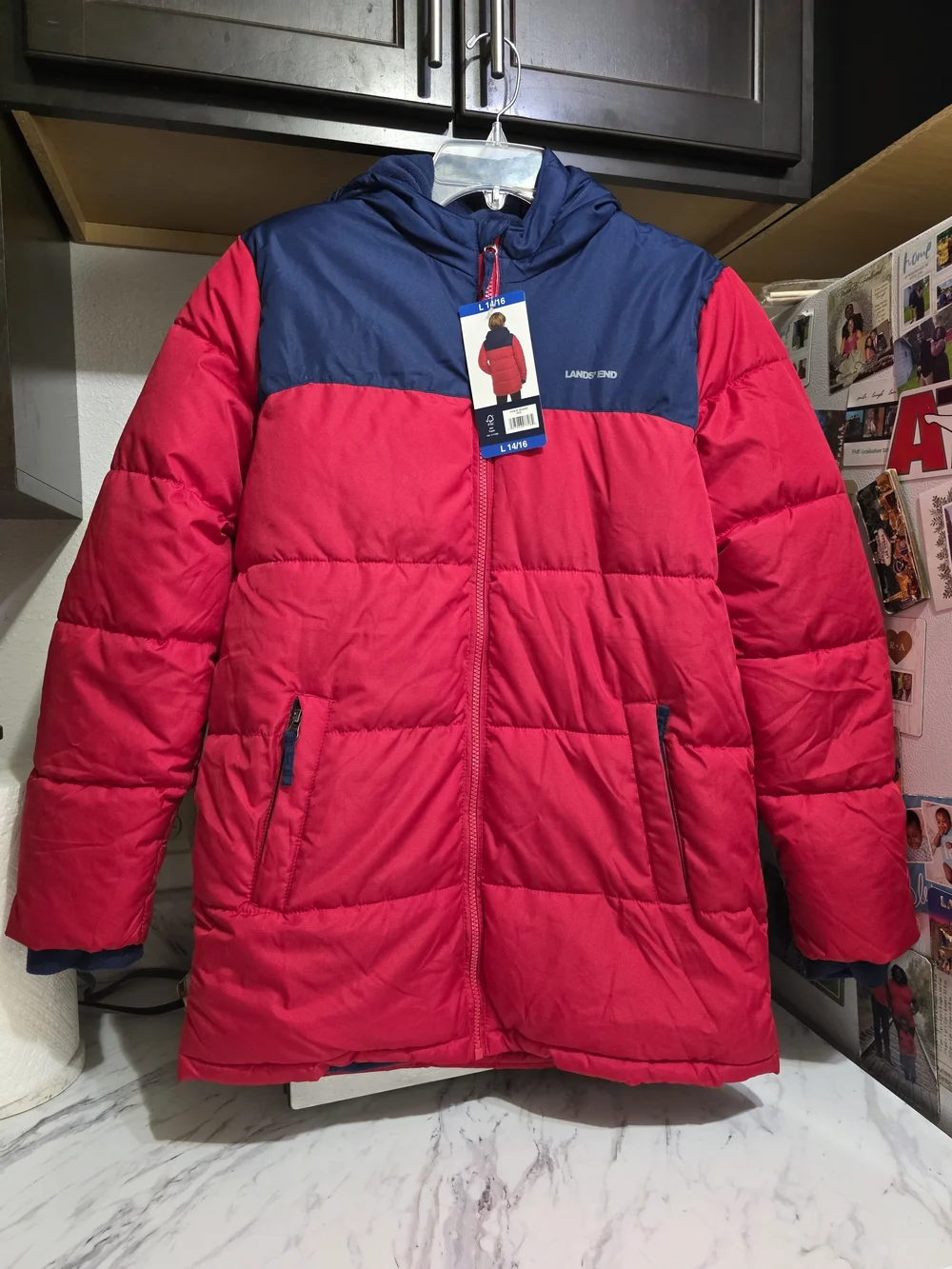 Lands' End Kids' Red & Navy Puffer Jacket with Hood Youth 14/16